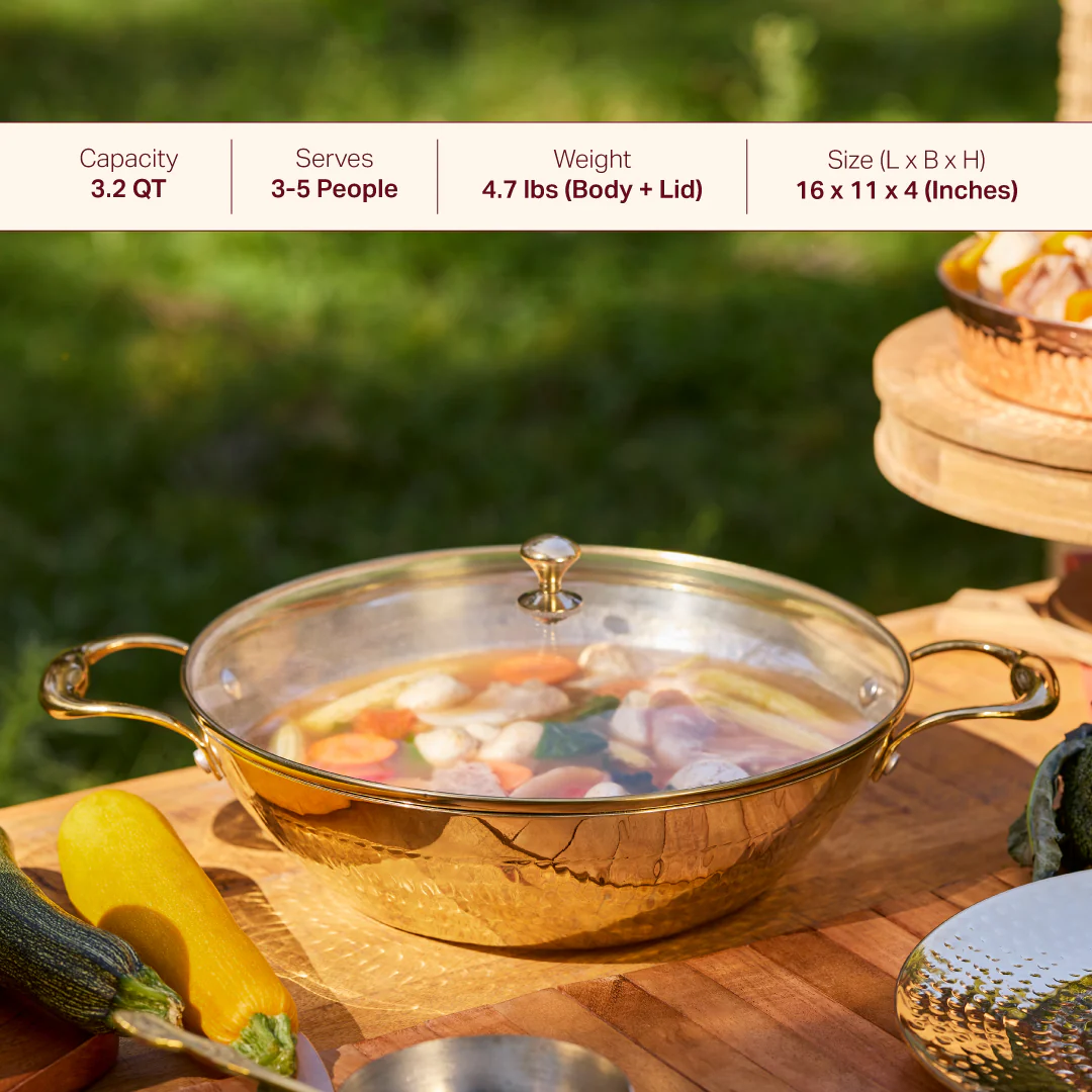 Brass Flat Base Wok with Glass lid - Kadhai (Deep & flat bottom cooking/serving utensil - karahi) - Image 3