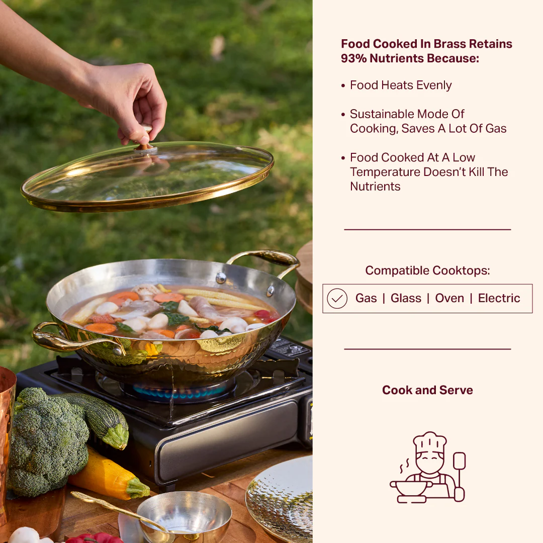 Brass Flat Base Wok with Glass lid - Kadhai (Deep & flat bottom cooking/serving utensil - karahi) - Image 4
