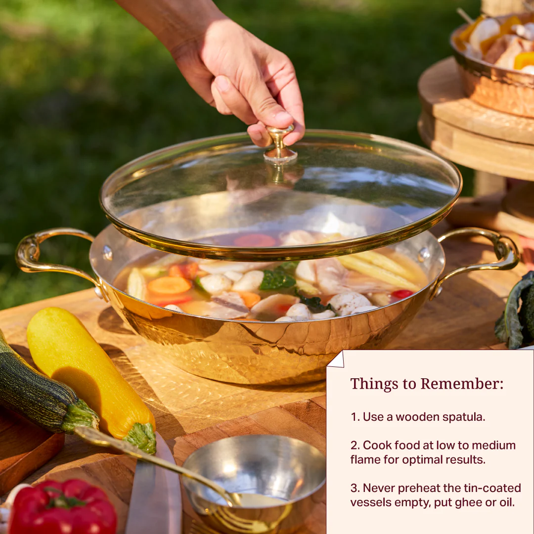 Brass Flat Base Wok with Glass lid - Kadhai (Deep & flat bottom cooking/serving utensil - karahi) - Image 5
