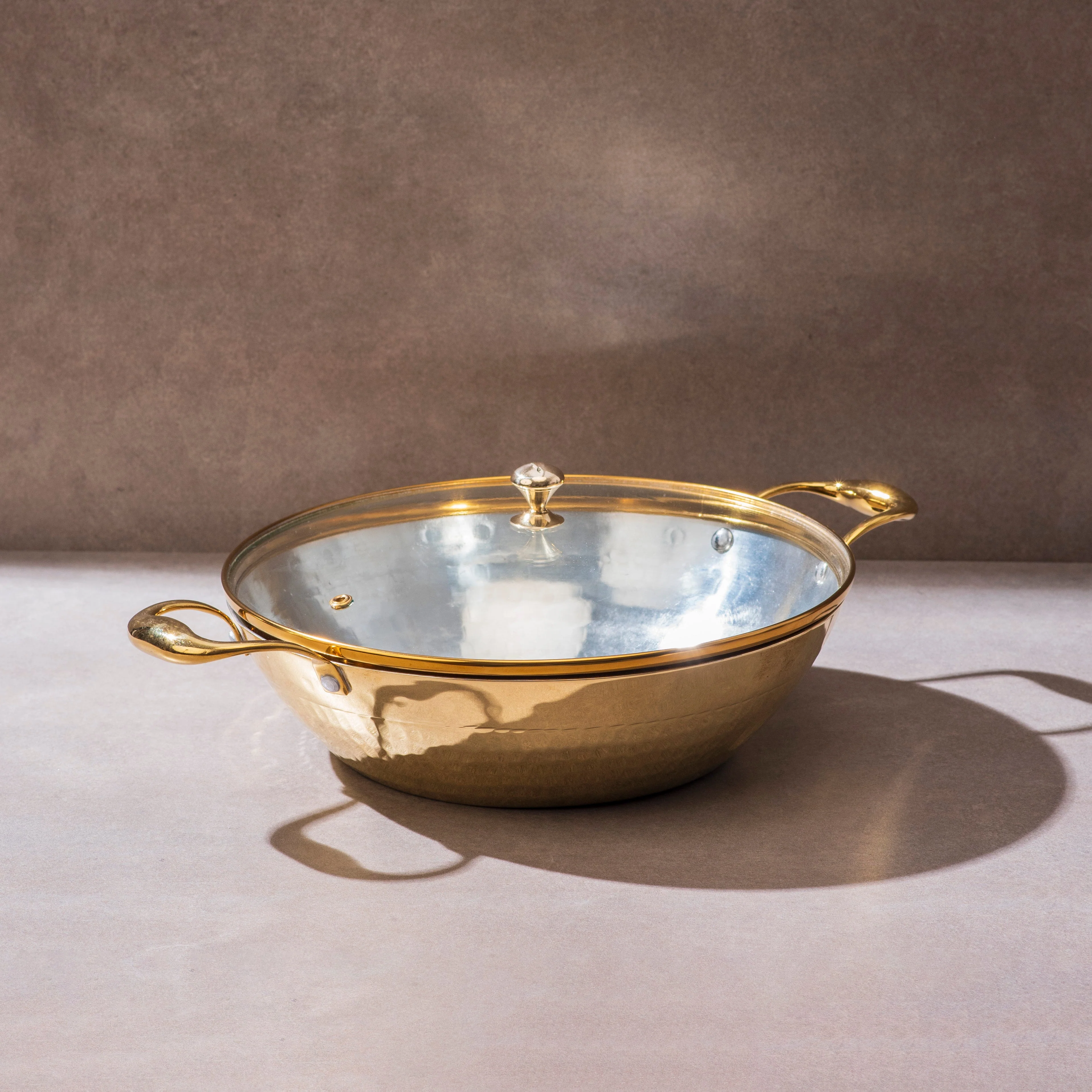 Brass Flat Base Wok with Glass lid - Kadhai (Deep & flat bottom cooking/serving utensil - karahi) - Image 8