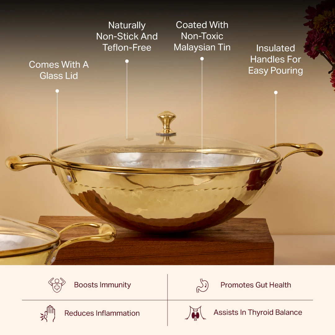 Brass Wok with Glass lid (Circular & Deep cooking/ serving Utensil) - Image 3